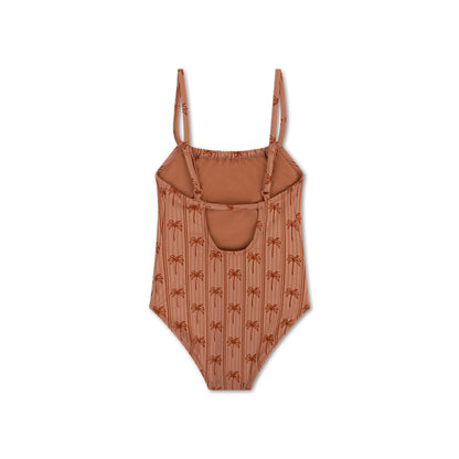 Brown one-piece swimsuit with a pattern on a white background