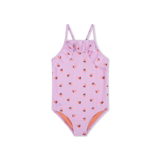 Pink strawberry print swimsuit with small strawberry patterns on a white background