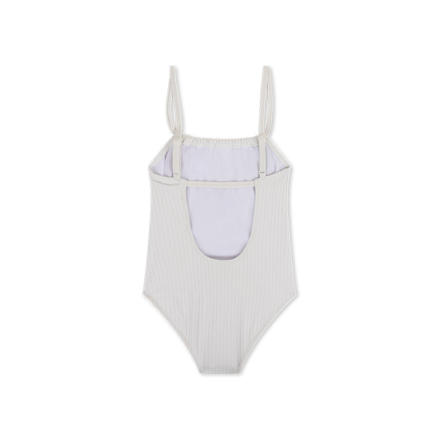 One-piece swimsuit from the back with a light gray ribbed pattern on a white background