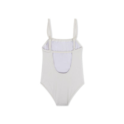 One-piece swimsuit from the back with a light gray ribbed pattern on a white background
