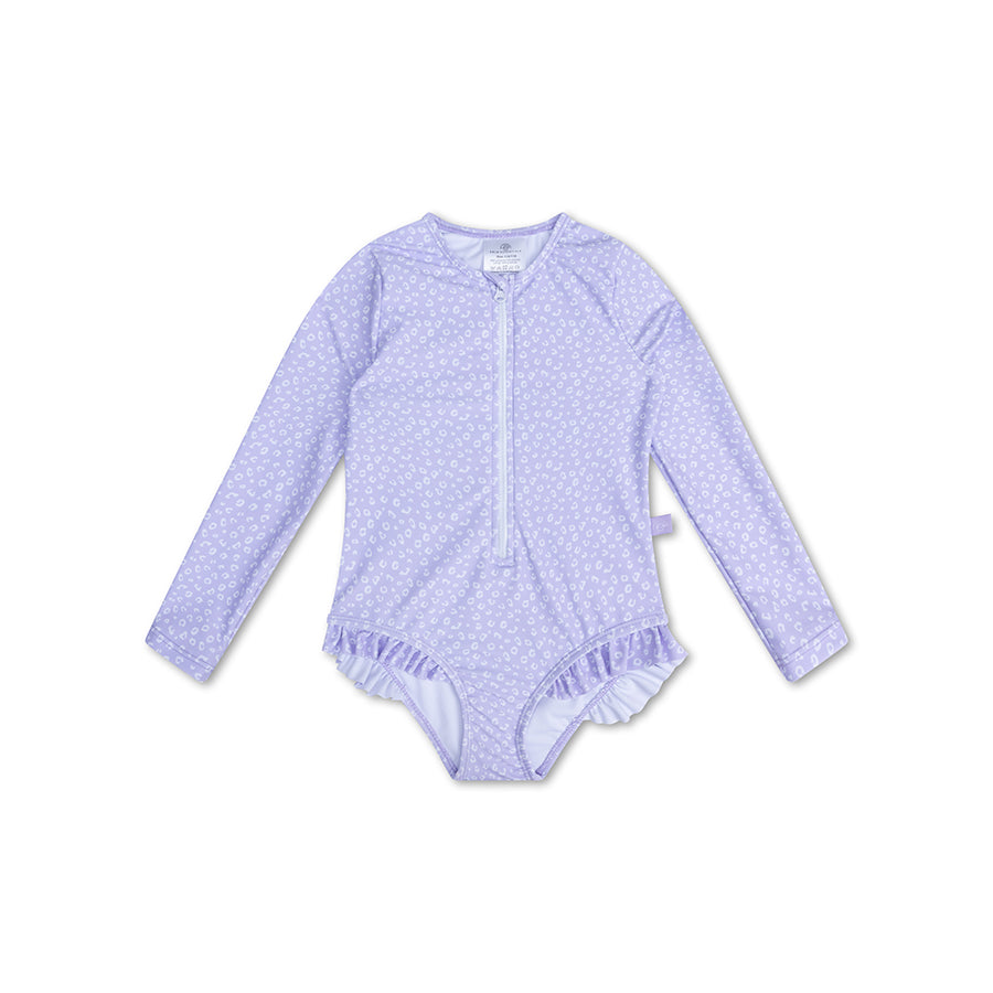 Purple leopard print swimsuit with long sleeves on a white background