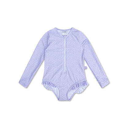 Purple leopard print swimsuit with long sleeves on a white background