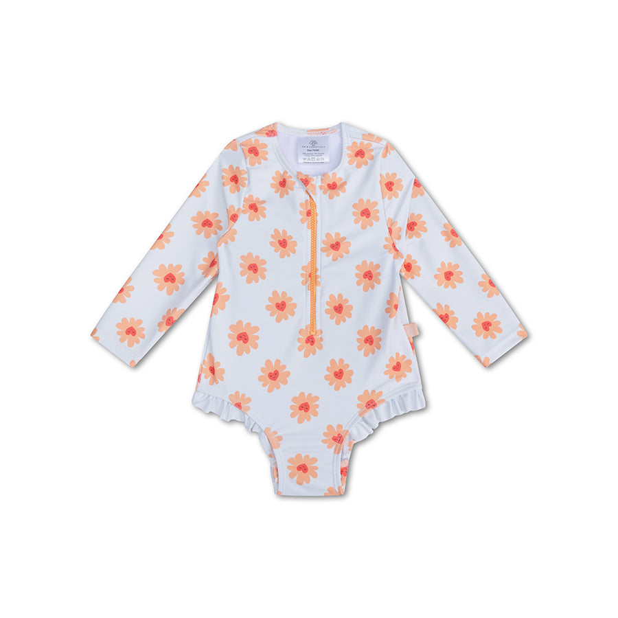 Floral-patterned baby swimsuit Floral Love with long sleeves on a white background