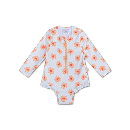 Floral-patterned baby swimsuit Floral Love with long sleeves on a white background