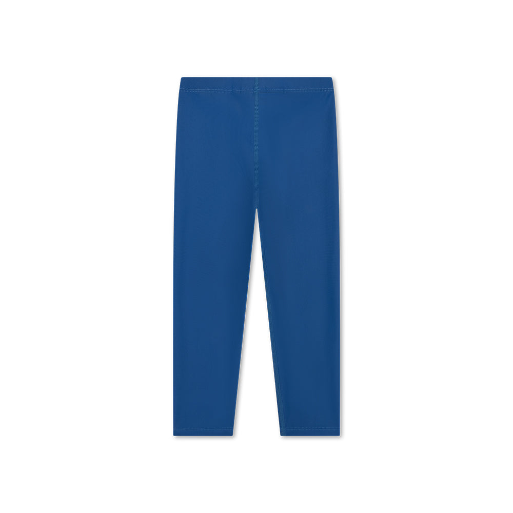 The back of a blue UV legging on a white background