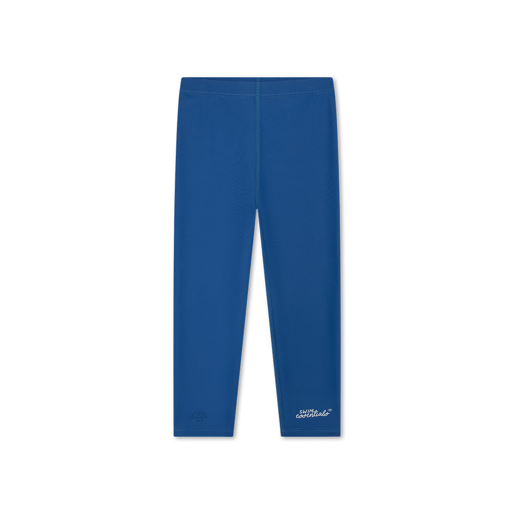 Blue UV legging with white swim essentials logo on it on a white background