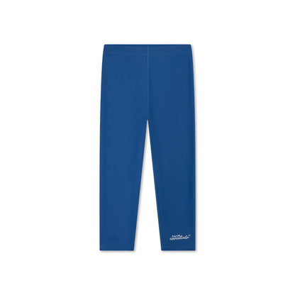 Blue UV legging with white swim essentials logo on it on a white background