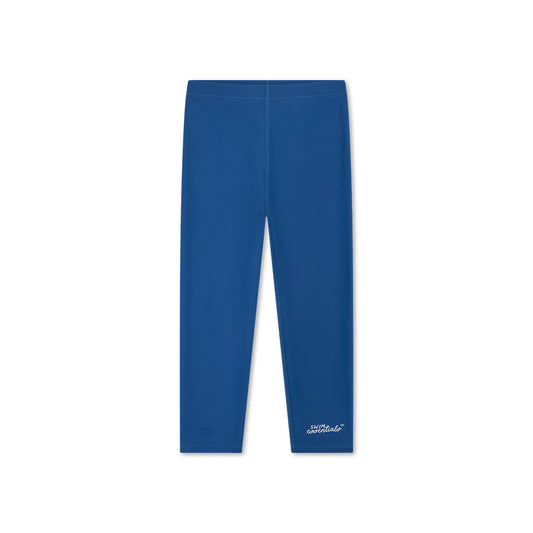 Blue UV legging with white swim essentials logo on it on a white background