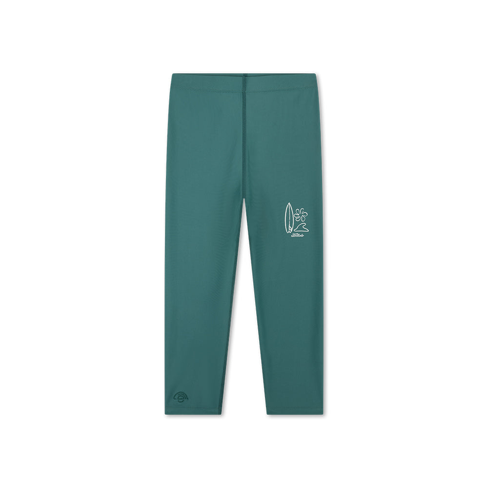 Green UV legging featuring a white logo with surf figures and the text “swim essentials” on it on a white background