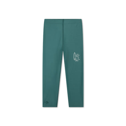 Green UV legging featuring a white logo with surf figures and the text “swim essentials” on it on a white background