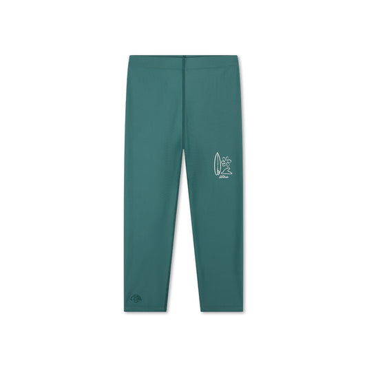 Green UV legging featuring a white logo with surf figures and the text “swim essentials” on it on a white background