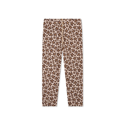 The back of an UV Legging with brown and orange wild flower pattern on a white background