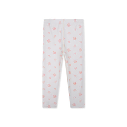 The back of an old pink UV legging with pink seashell pattern on a white background