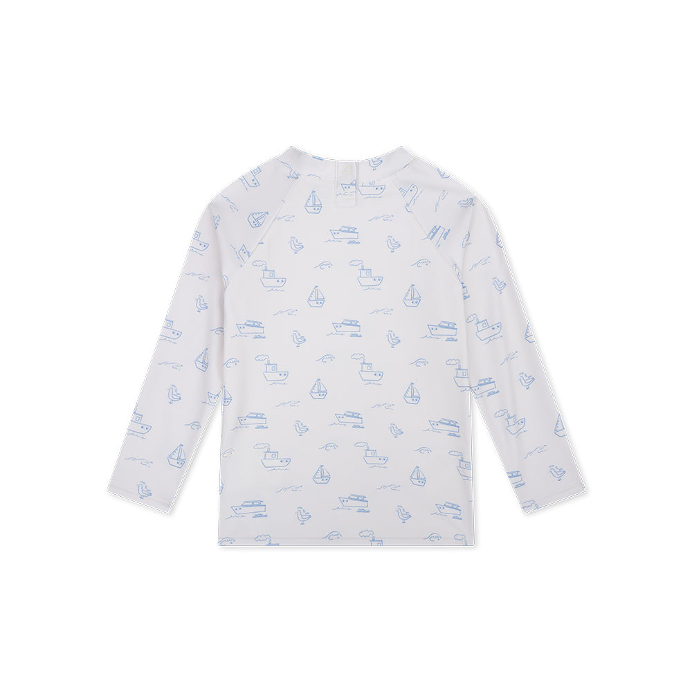 White Swim Essentials long-sleeve shirt with blue boat patterns on a white background
