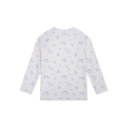 White Swim Essentials long-sleeve shirt with blue boat patterns on a white background