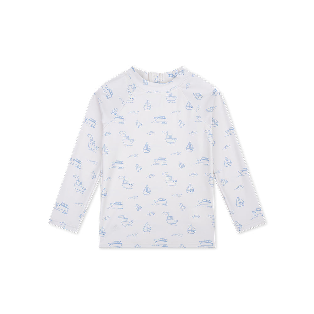 White Swim Essentials long-sleeve shirt with blue boat patterns on a white background