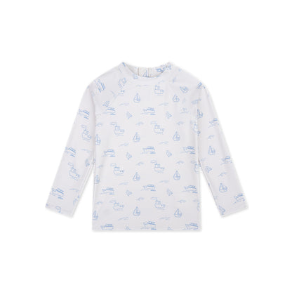 White Swim Essentials long-sleeve shirt with blue boat patterns on a white background