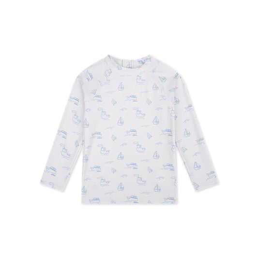White Swim Essentials long-sleeve shirt with blue boat patterns on a white background