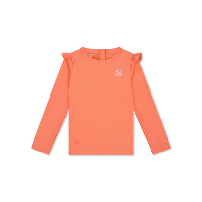 Pink Shell Tastic long-sleeve shirt with ruffled shoulders on a white background