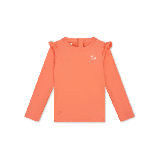 Pink Shell Tastic long-sleeve shirt with ruffled shoulders on a white background