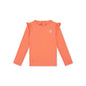 Pink Shell Tastic long-sleeve shirt with ruffled shoulders on a white background