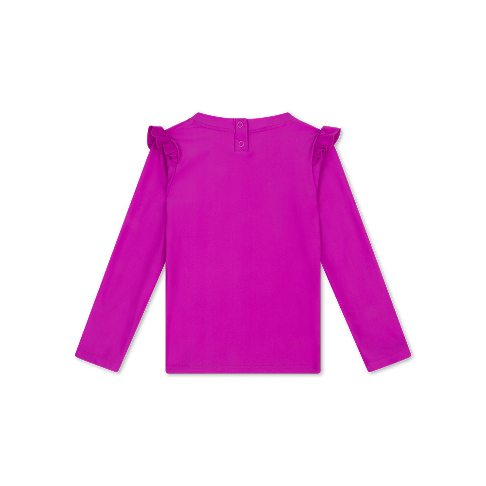 Purple long-sleeve top with ruffled shoulders on a white background