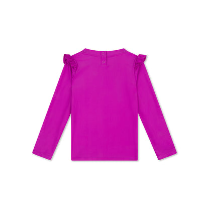 Purple long-sleeve top with ruffled shoulders on a white background