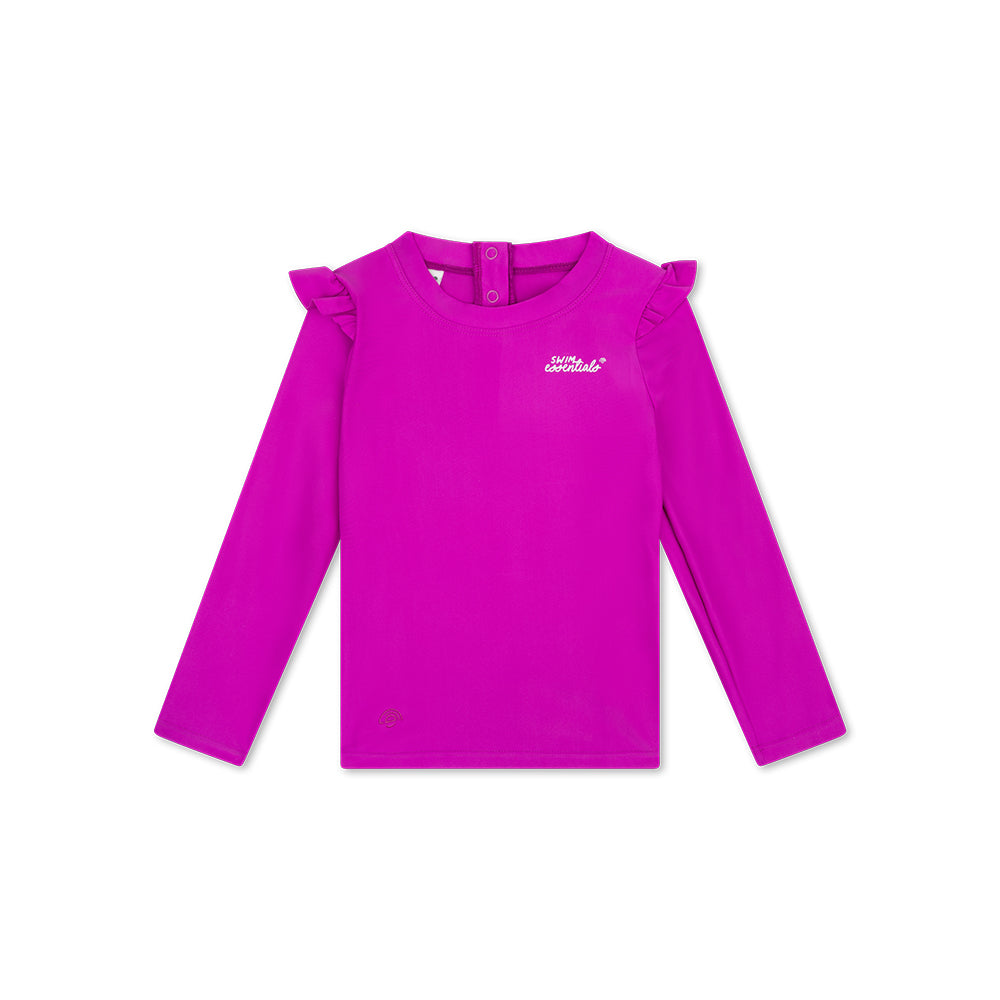 Purple  Swim Essentials  long-sleeve shirt with ruffled shoulders on a white background
