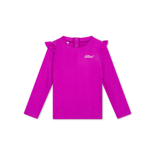 Purple  Swim Essentials  long-sleeve shirt with ruffled shoulders on a white background