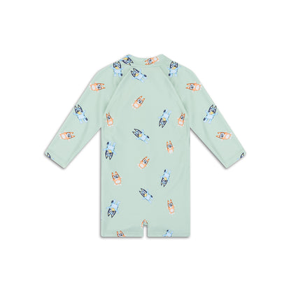 Light green long sleeve Bluey children swimsuit with cartoon dog print on a white background