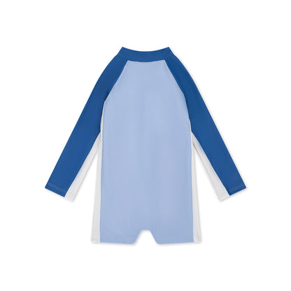 Light blue swimsuit with dark blue sleeves on a white background