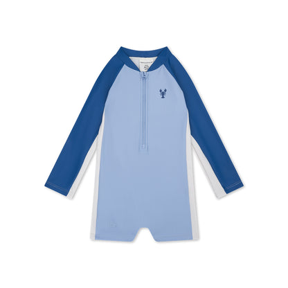Blue and light blue swimsuit with Crabby logo on a white background