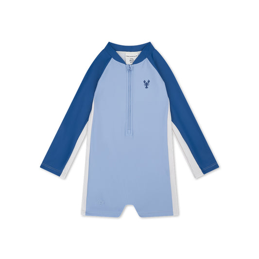 Blue and light blue swimsuit with Crabby logo on a white background