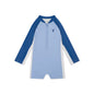 Blue and light blue swimsuit with Crabby logo on a white background