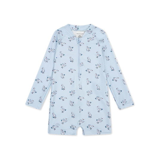Light blue children swimsuit  with seagull pattern on a white background