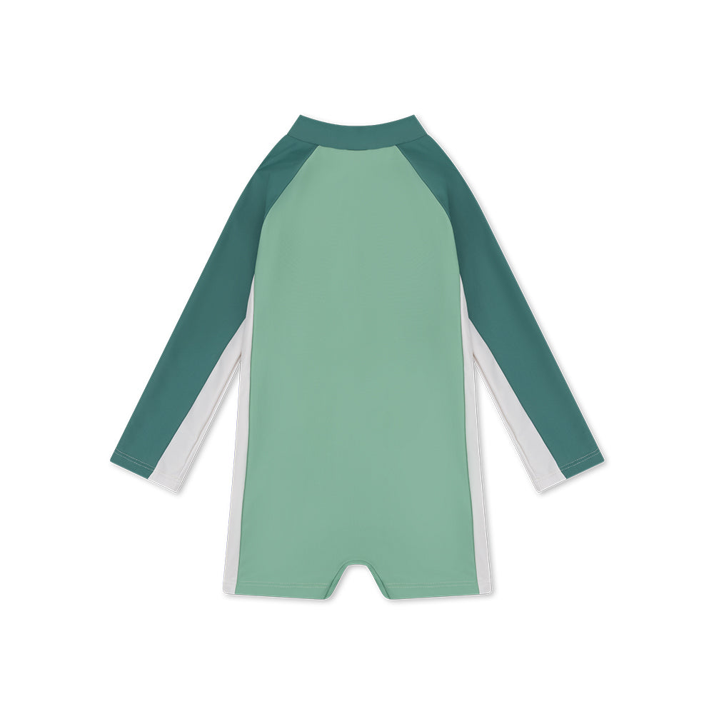 Green, dark green and white  long-sleeve swimsuit on a white background