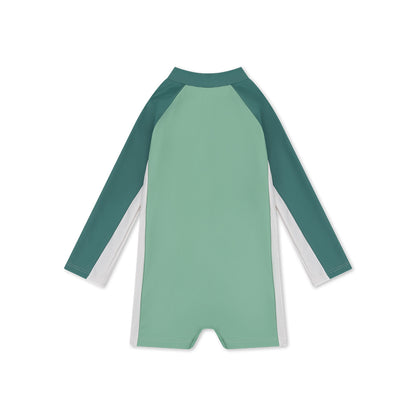 Green, dark green and white  long-sleeve swimsuit on a white background