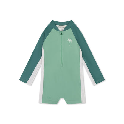 Green, dark green and white swimsuit with a palm tree logo on a white background