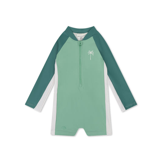 Green, dark green and white swimsuit with a palm tree logo on a white background