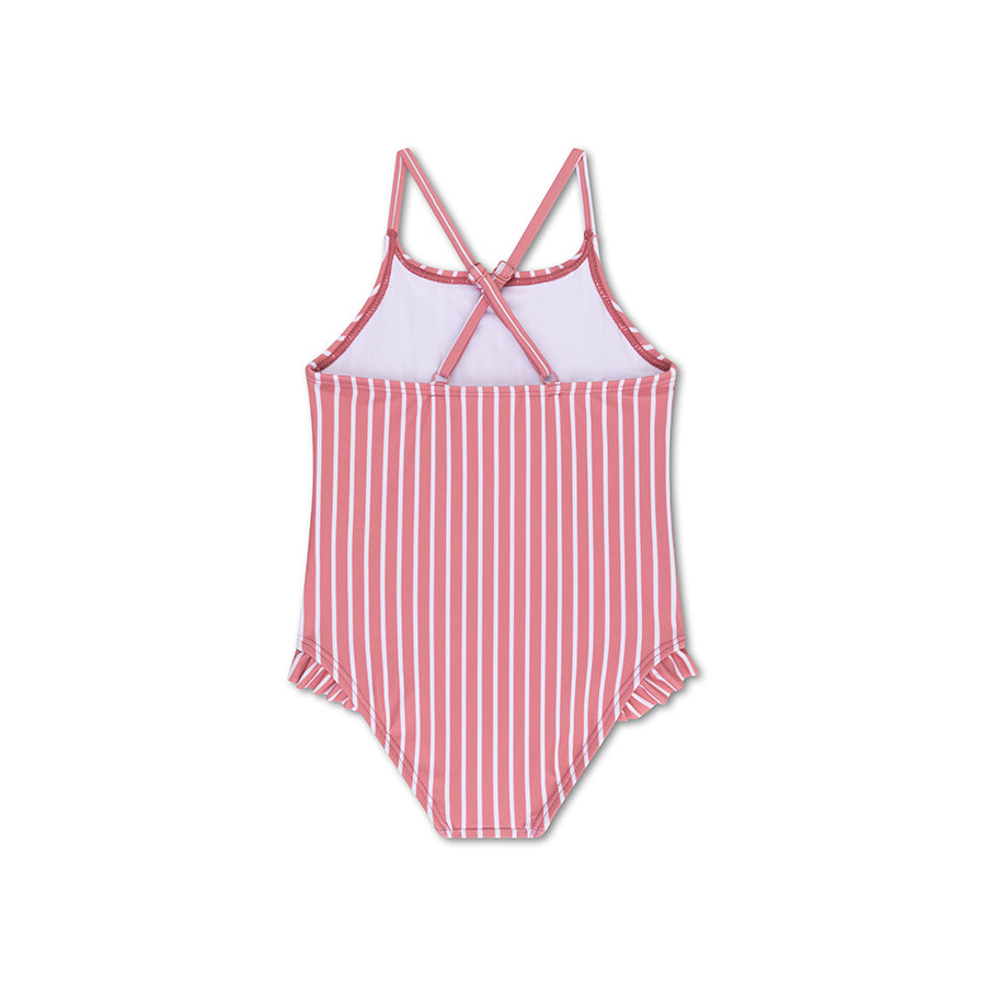 Red and white striped swimsuit with criss-cross straps on a white background