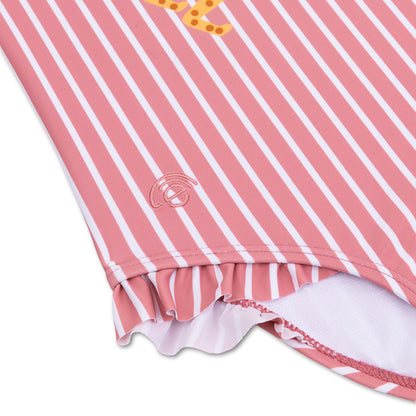 Close-up of a pink and white striped garment with a brand logo on a white background