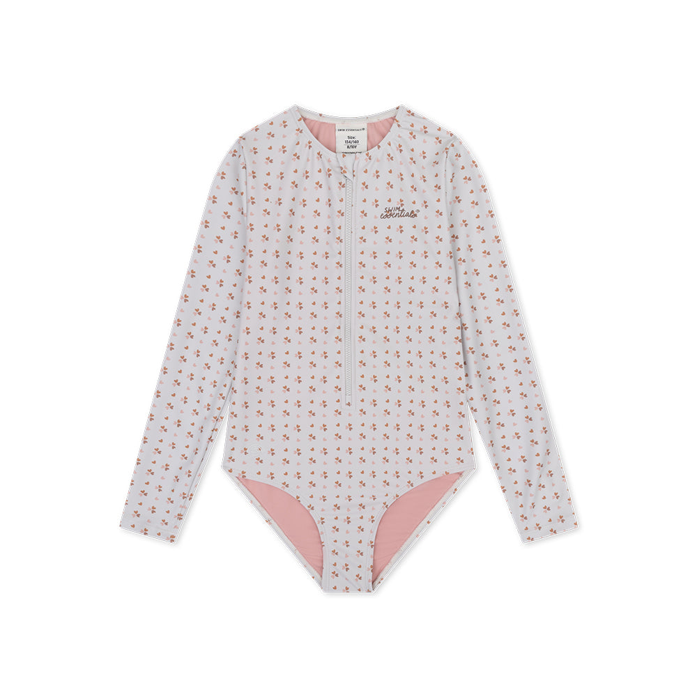 Floral patterned swimsuit with pink accents on a white background
