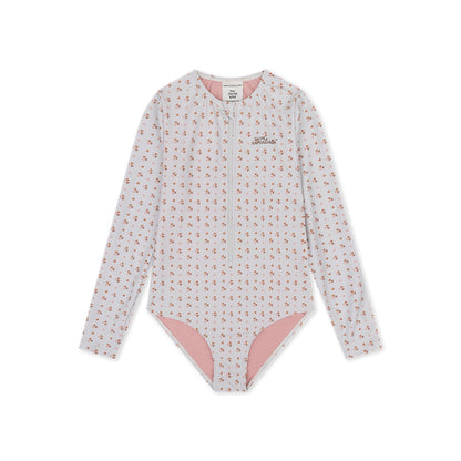 Floral patterned swimsuit with pink accents on a white background