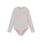 Floral patterned swimsuit with pink accents on a white background
