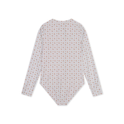 Heart-patterned long-sleeve swimsuit from the back on a white background