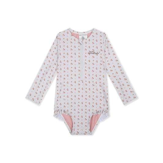 Children's long-sleeve swimsuit and a zip in the middle with little hearts pattern on a white background