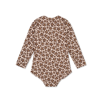 Wild Flower swimsuit with brown floral pattern on a white background