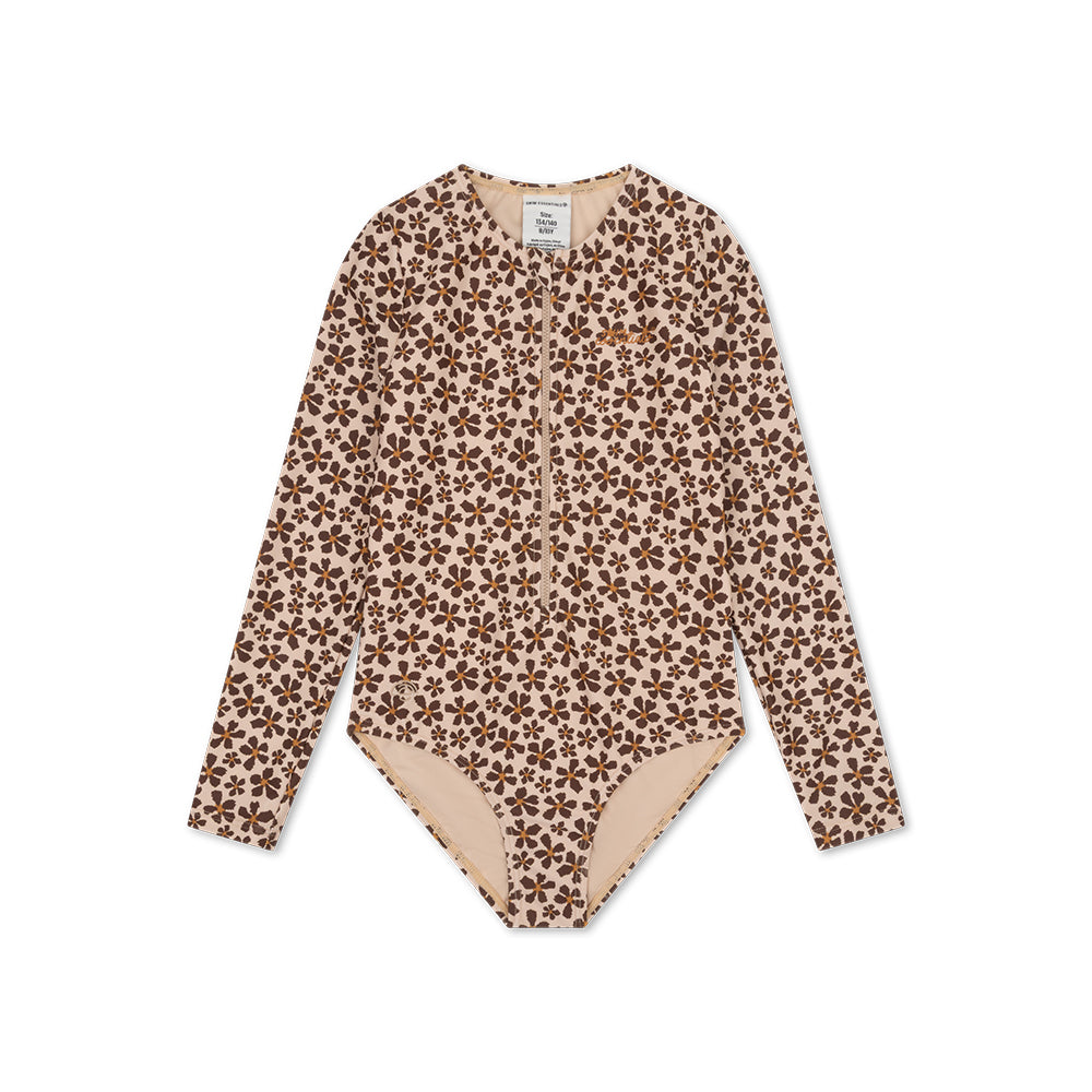 Floral swimsuit Wild Flower with brown floral pattern on a white background