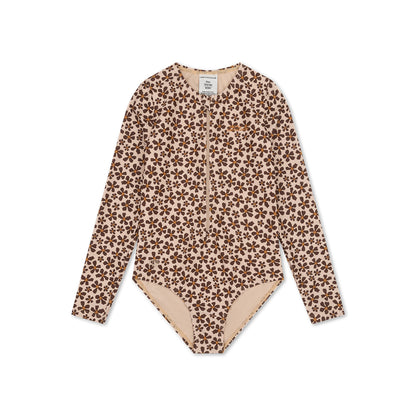 Floral swimsuit Wild Flower with brown floral pattern on a white background