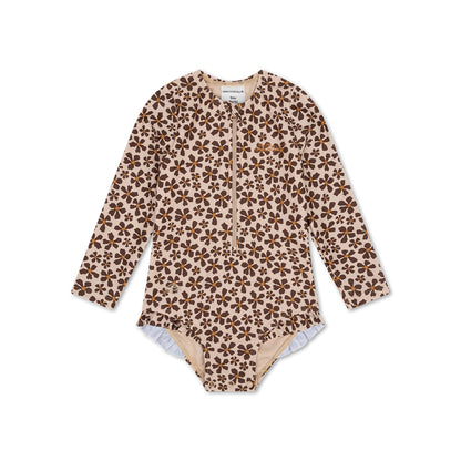 Floral patterned Wild Flower children swimsuit on a white background